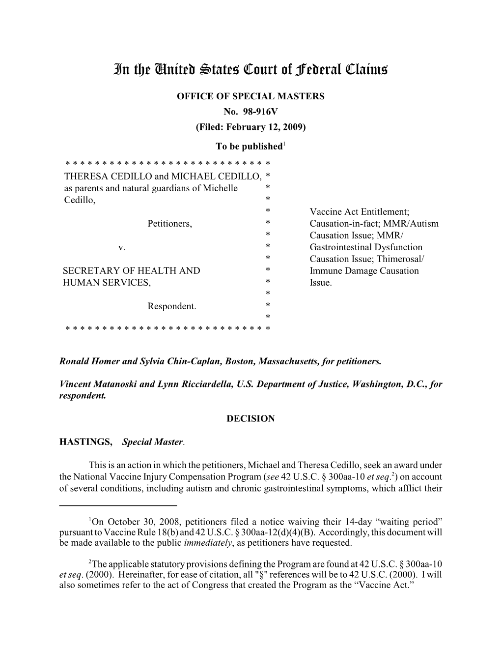 Cedillo V. Secretary of Health and Human Services Case No. 98-916V