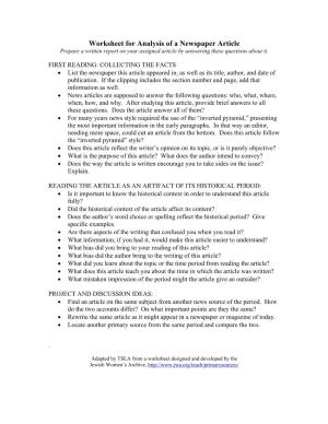 Worksheet for Analysis of a Newspaper Article Prepare a Written Report on Your Assigned Article by Answering These Questions About It
