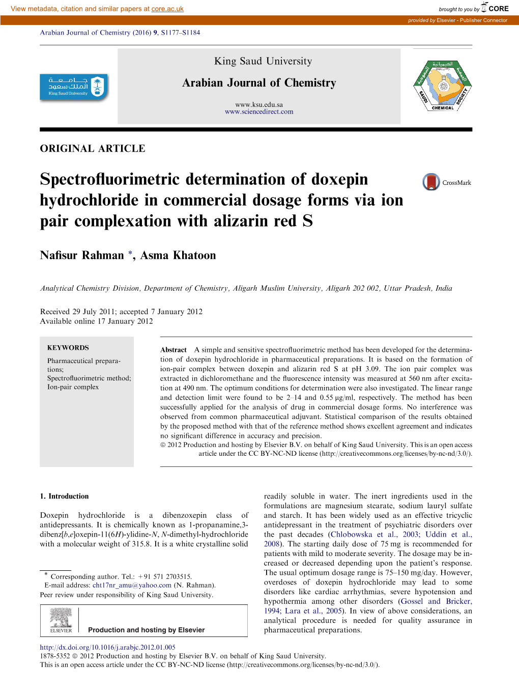 Spectrofluorimetric Determination of Doxepin Hydrochloride In