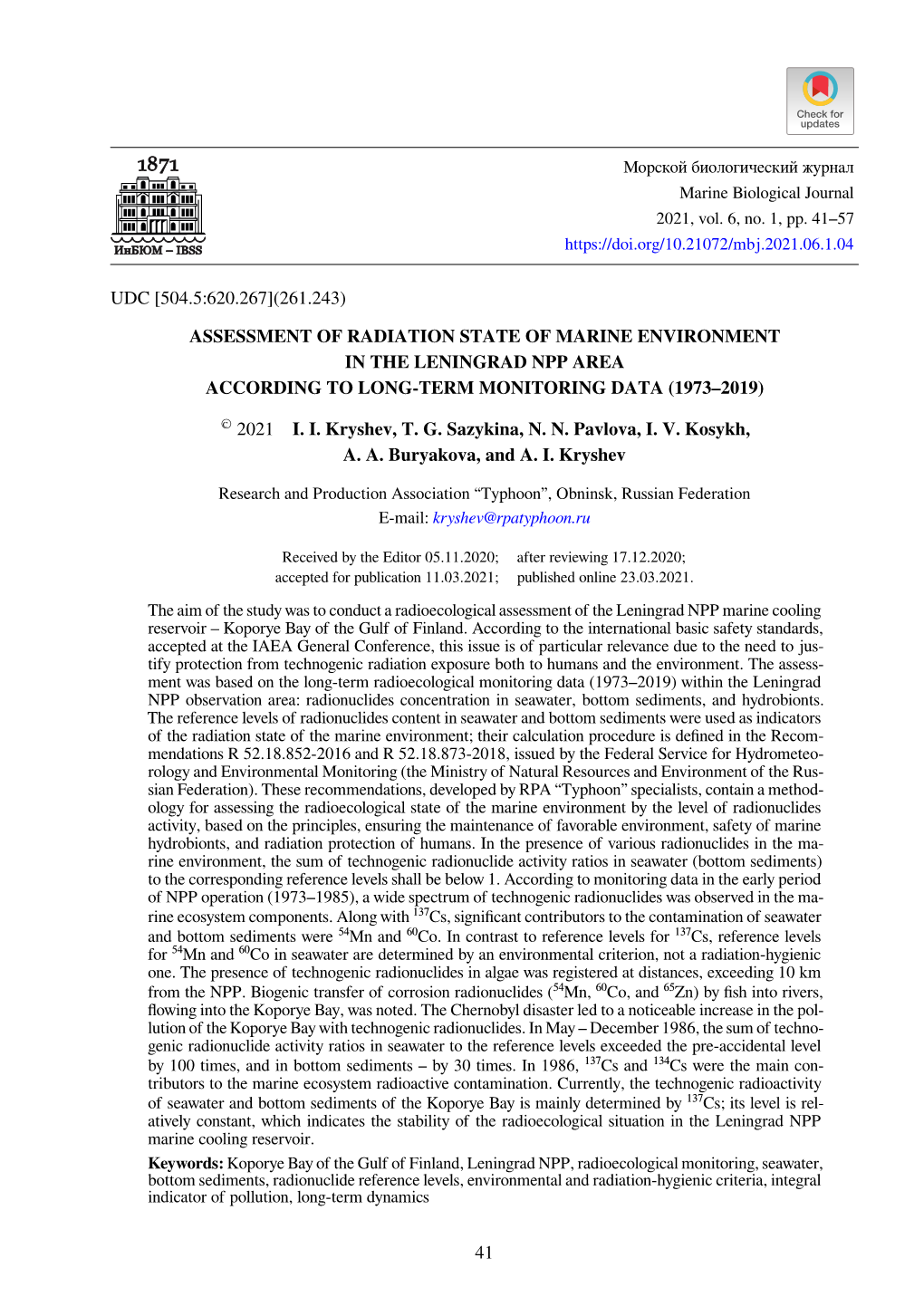 Assessment of Radiation State of Marine Environment in the Leningrad Npp Area According to Long-Term Monitoring Data (1973–2019)