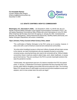 For Immediate Release Contact: Brittany-Rae Gregory Brittany-Rae@Nextcenturycities.Org December 9, 2020