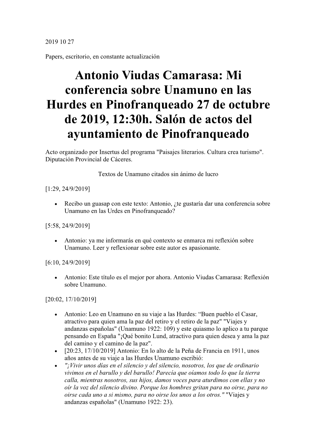 Mi Conferencia Sobre Unamuno En Las Hurdes En Pinofranqueado 27 De Octubre De 2019, 12:30H