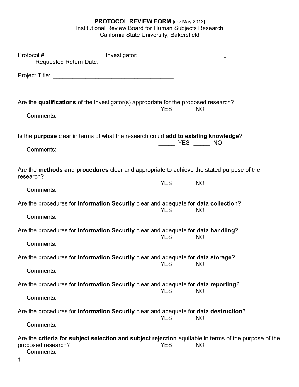 PROTOCOL REVIEW FORM Rev August 2005