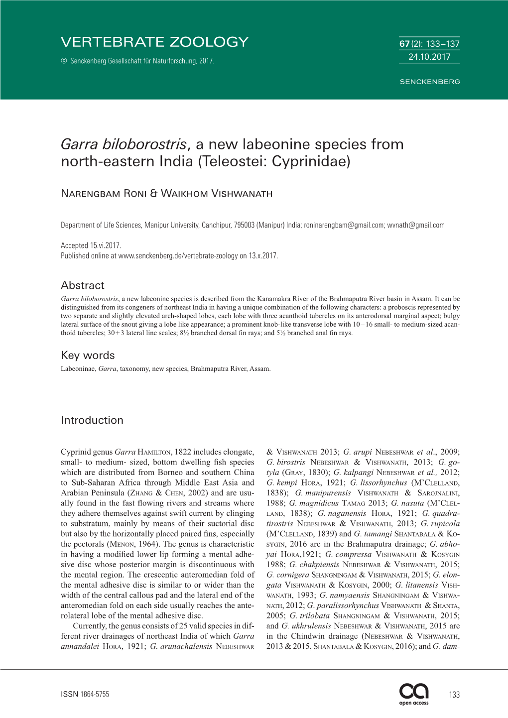 Garra Biloborostris, a New Labeonine Species from North-Eastern India (Teleostei: Cyprinidae)