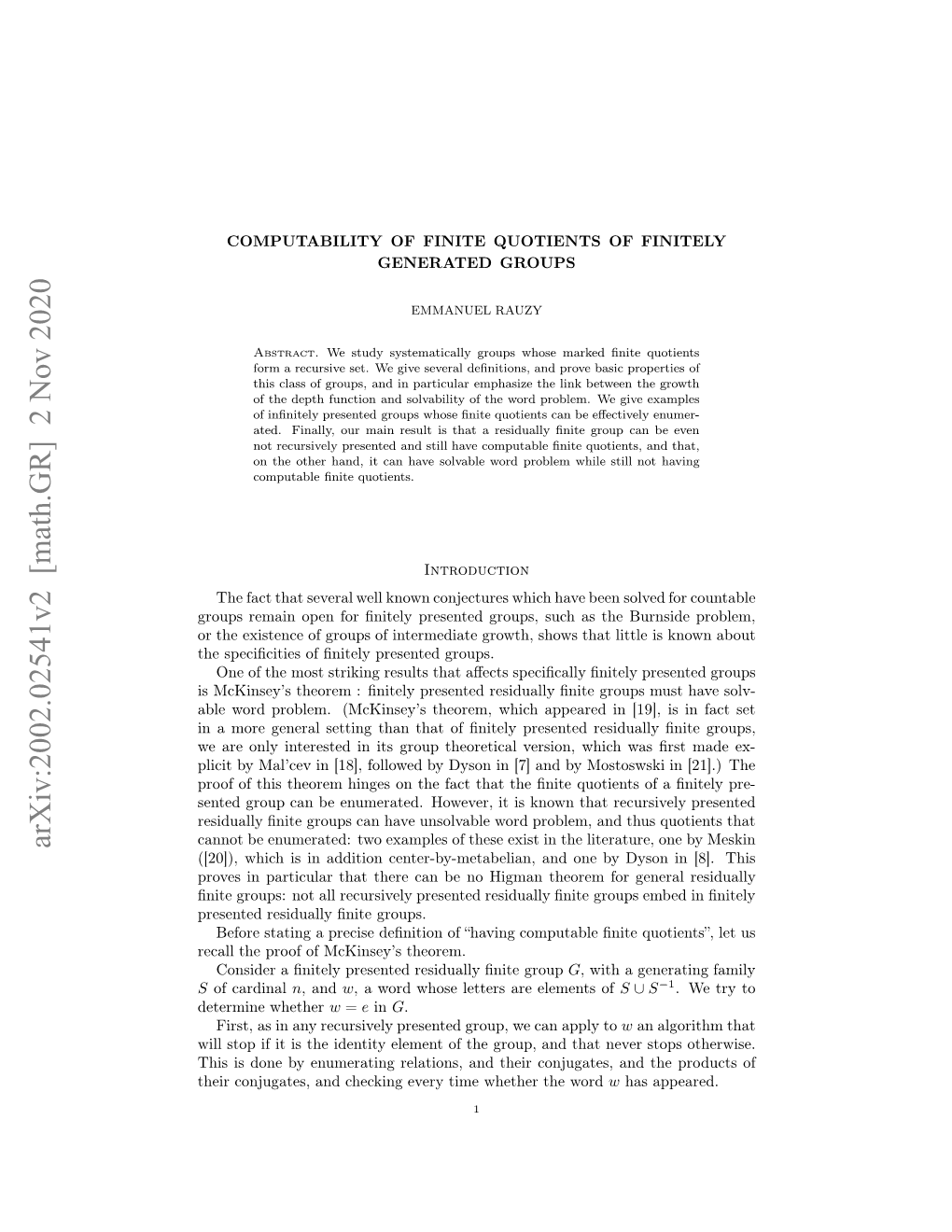 Arxiv:2002.02541V2 [Math.GR] 2 Nov 2020 H Pcﬁiiso Ntl Rsne Groups