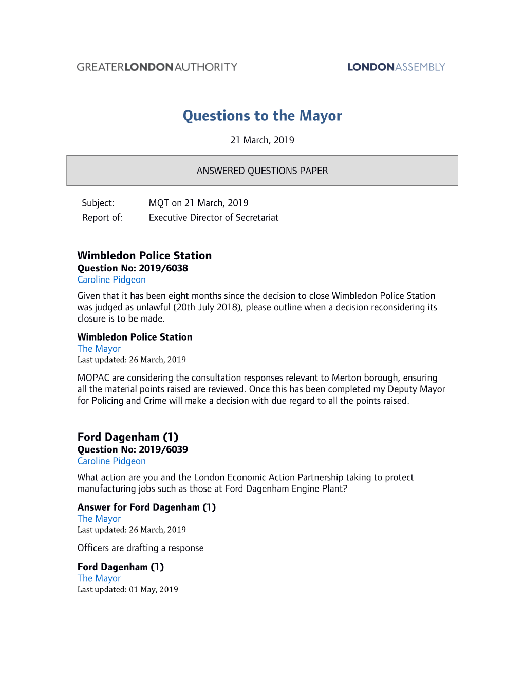 Questions to the Mayor