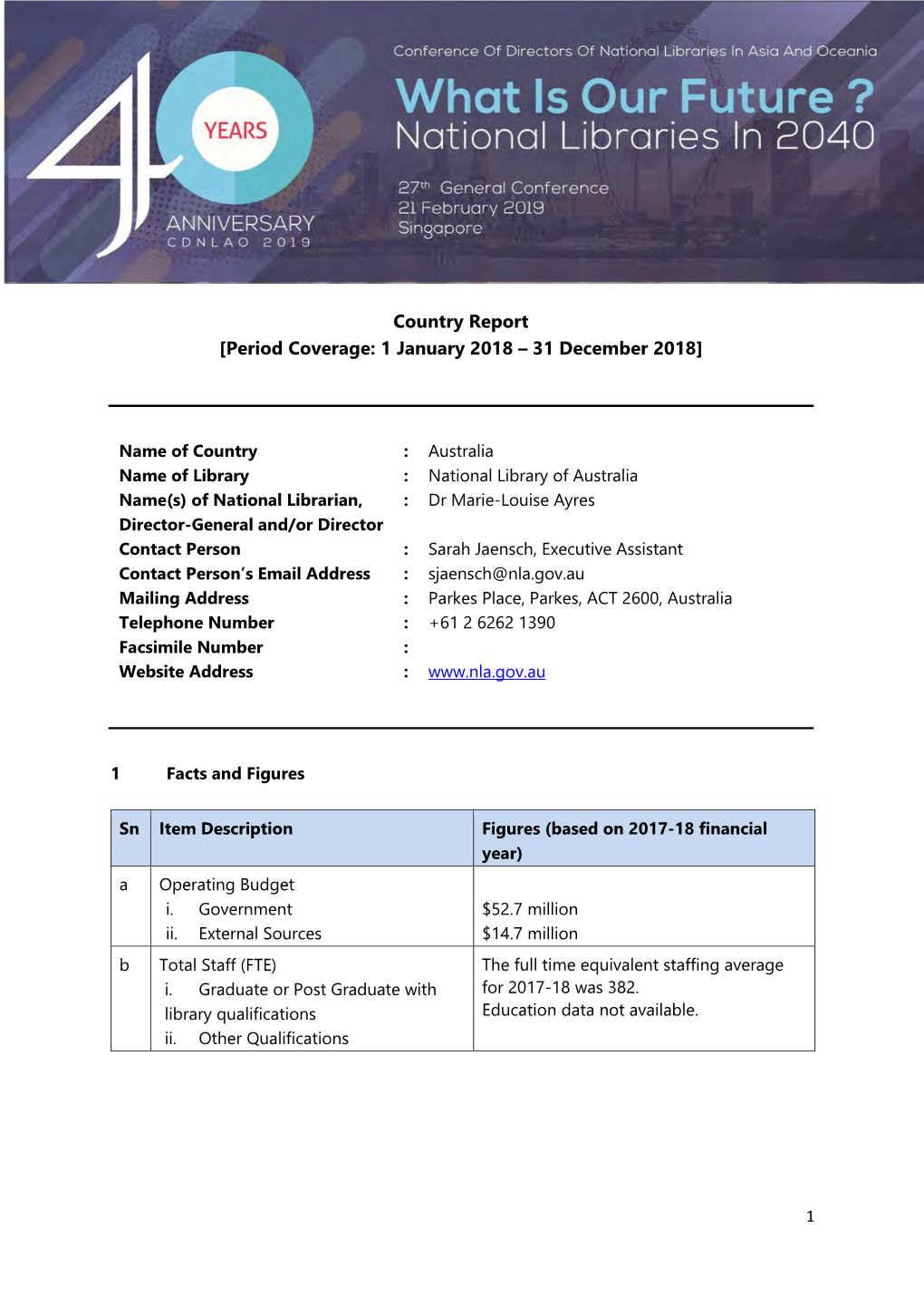 Country Report [Period Coverage: 1 January 2018 – 31 December 2018]