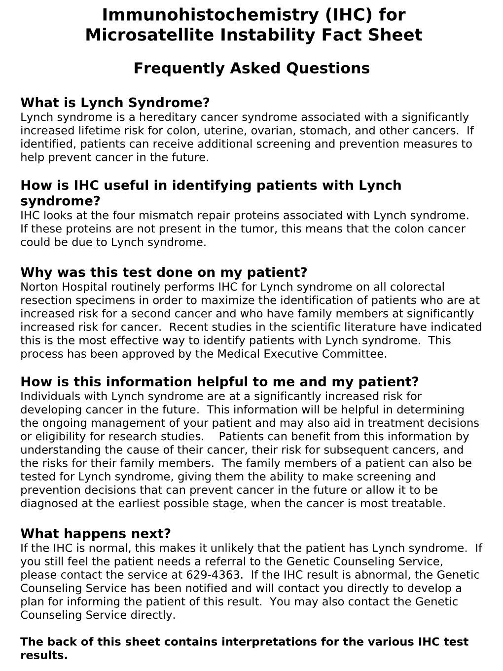 Immunohistochemistry for Microsatellite Instability Fact Sheet