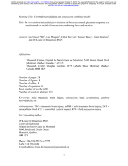 In Vivo Cerebral Microdialysis Validation of the Acute Central Glutamate Response in a Translational Rat Model of Concussion Combining Force and Rotation