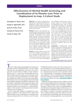 Effectiveness of Mental Health Screening and Coordination of In-Theater Care Prior to Deployment to Iraq: a Cohort Study