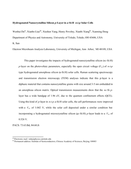 Hydrogenated Nanocrystalline Silicon P-Layer in A-Si:H Nip Solar Cells Wenhui Du , Xianbo Liao , Xieshen Yang, Henry Povolny