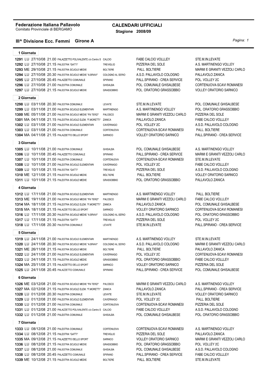 CALENDARI UFFICIALI Federazione Italiana Pallavolo III^ Divisione Ecc