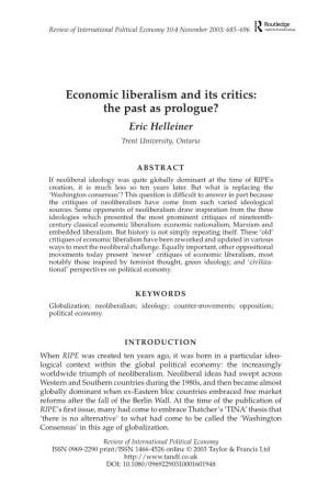 Economic Liberalism and Its Critics: the Past As Prologue? Eric Helleiner Trent University, Ontario
