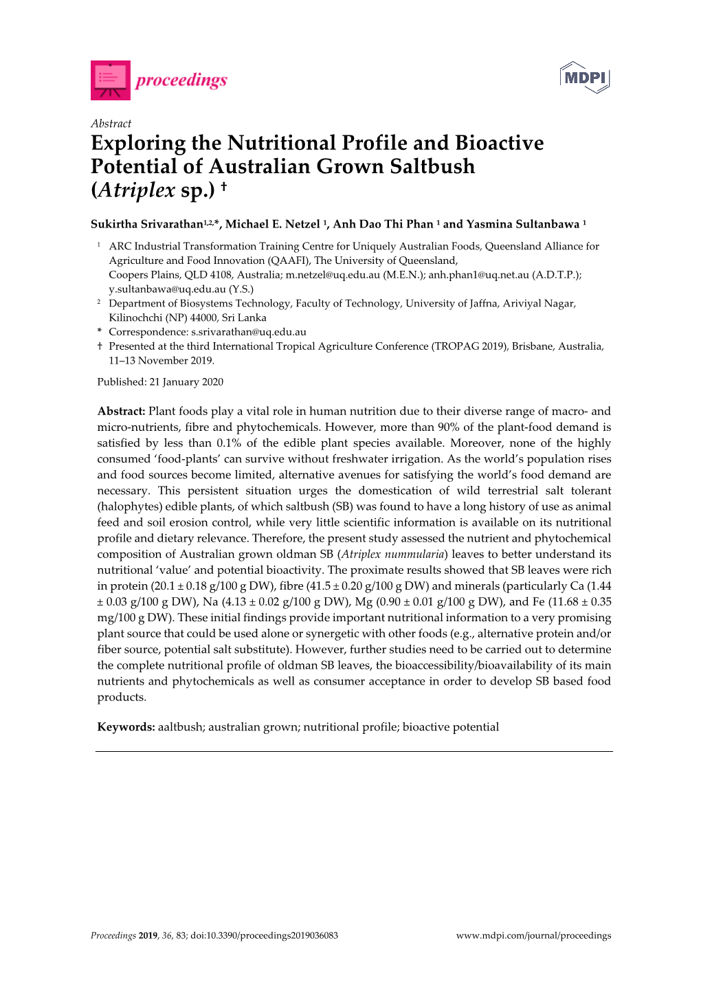 Exploring the Nutritional Profile and Bioactive Potential of Australian Grown Saltbush (Atriplex Sp.) †