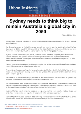 Sydney Needs to Think Big to Remain Australia's Global City in 2050