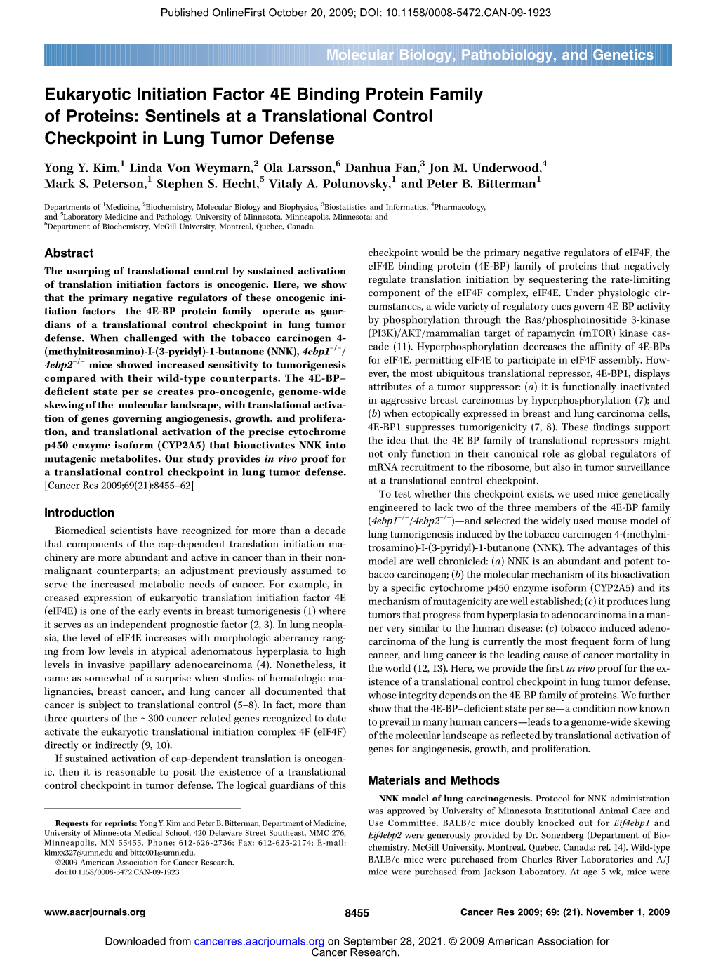 Eukaryotic Initiation Factor 4E Binding Protein Family of Proteins: Sentinels at a Translational Control Checkpoint in Lung Tumor Defense