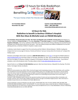 12 Hours for Kids Radiothon to Benefit Le Bonheur Children’S Hospital with Ron Olson & Michelle Lewis on FM100 Memphis