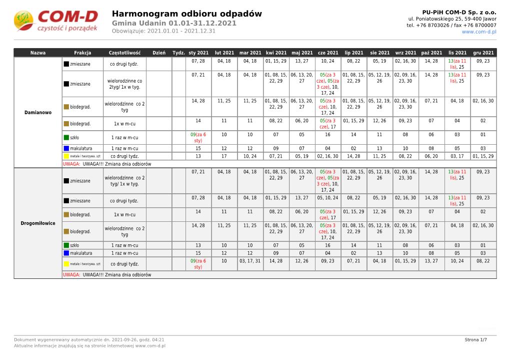 Harmonogram Odbioru Odpadów PU-Pih COM-D Sp