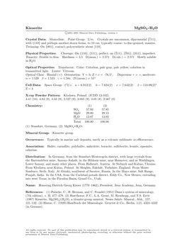 Kieserite Mgso4 • H2O C 2001-2005 Mineral Data Publishing, Version 1