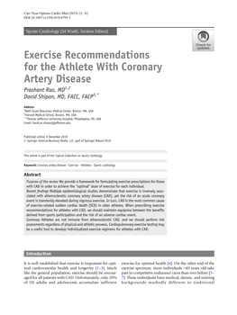 Exercise Recommendations for the Athlete with Coronary Artery Disease Prashant Rao, MD1,2 David Shipon, MD, FACC, FACP3,*