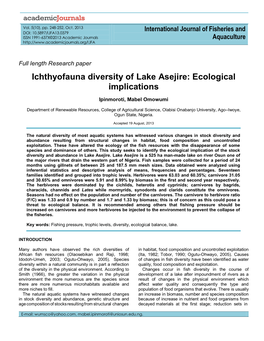 Ichthyofauna Diversity of Lake Asejire: Ecological Implications