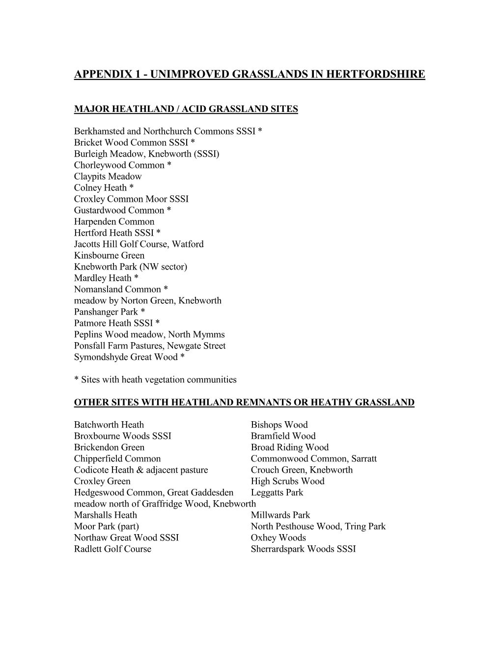 Appendix 1 - Unimproved Grasslands in Hertfordshire