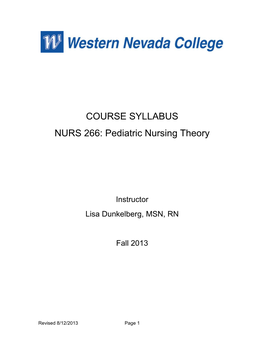 COURSE SYLLABUS NURS 266: Pediatric Nursing Theory