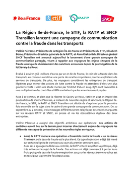 La Région Ile-De-France, Le STIF, La RATP Et SNCF Transilien Lancent Une Campagne De Communication Contre La Fraude Dans Les Transports