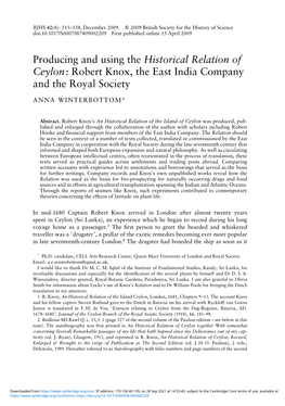 Producing and Using the Historical Relation of Ceylon: Robert Knox, the East India Company and the Royal Society