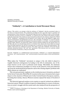 Solidarity”—A Contribution to Social Movement Theory