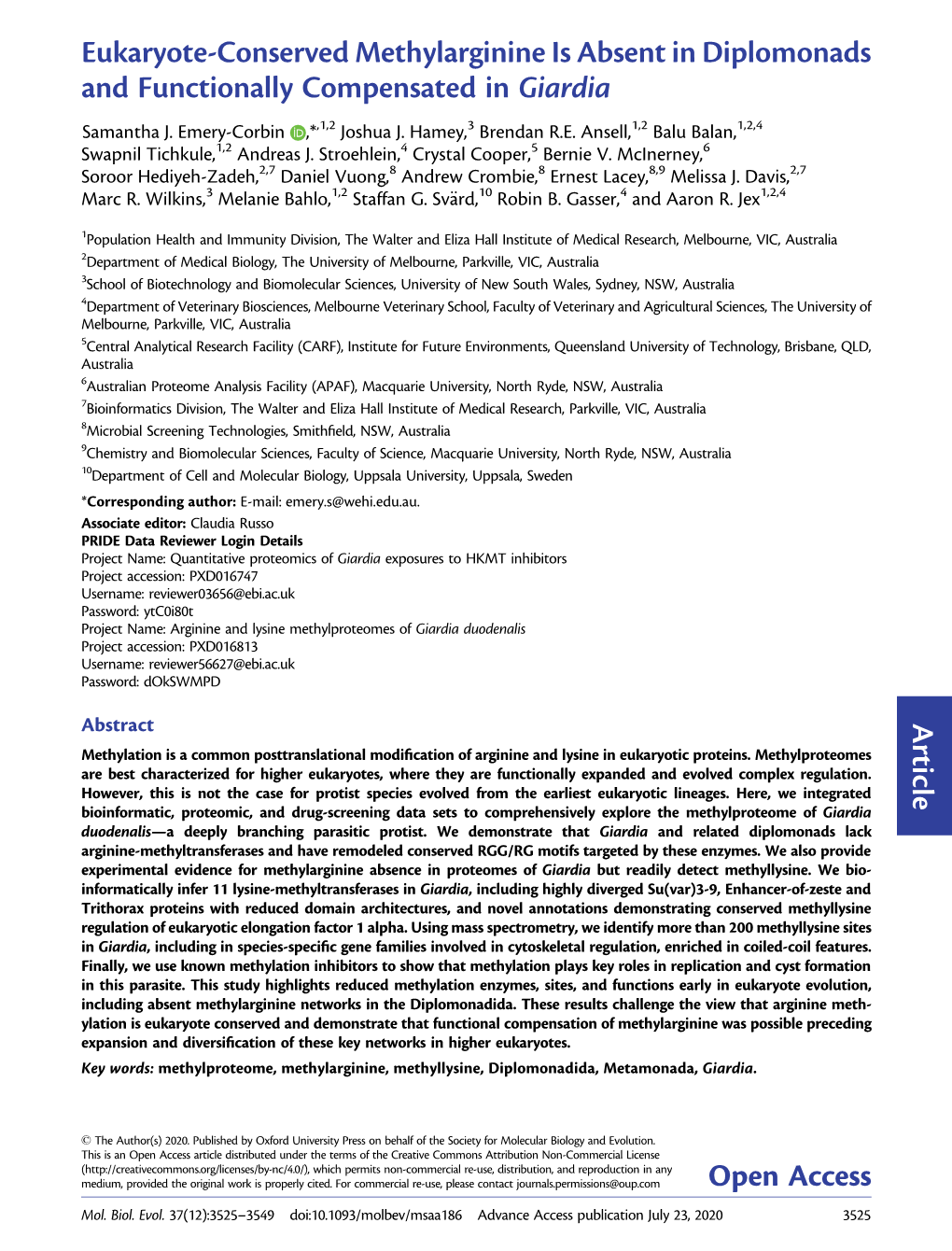 Eukaryote-Conserved Methylarginine Is Absent in Diplomonads and Functionally Compensated in Giardia Samantha J