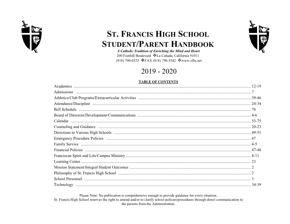 St. Francis High School Student/Parent Handbook