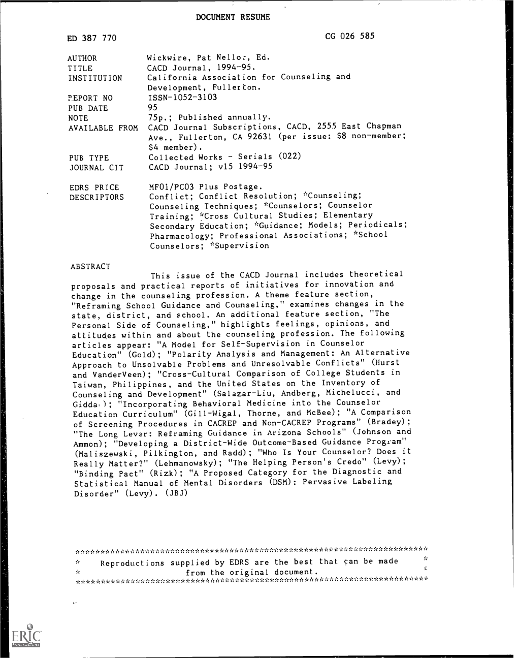 CACD Journal, 1994-95. INSTITUTION California Association for Counseling and Development, Fullerton