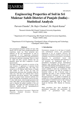 Engineering Properties of Soil in Sri Muktsar Sahib District of Punjab (India) - Statistical Analysis Parveen Chander1, Dr
