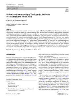 Evaluation of Water Quality of Thuthapuzha Sub-Basin Of