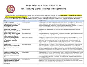 Major Religious Holidays 2019-2020 SY for Scheduling Events, Meetings and Major Exams