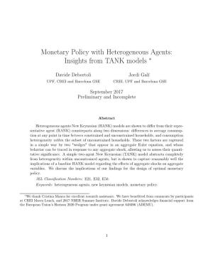 Monetary Policy with Heterogeneous Agents: Insights from TANK Models ∗