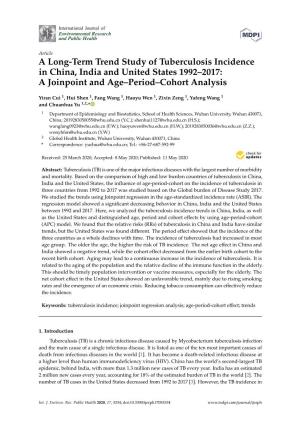 A Long-Term Trend Study of Tuberculosis Incidence in China, India and United States 1992–2017: a Joinpoint and Age–Period–Cohort Analysis