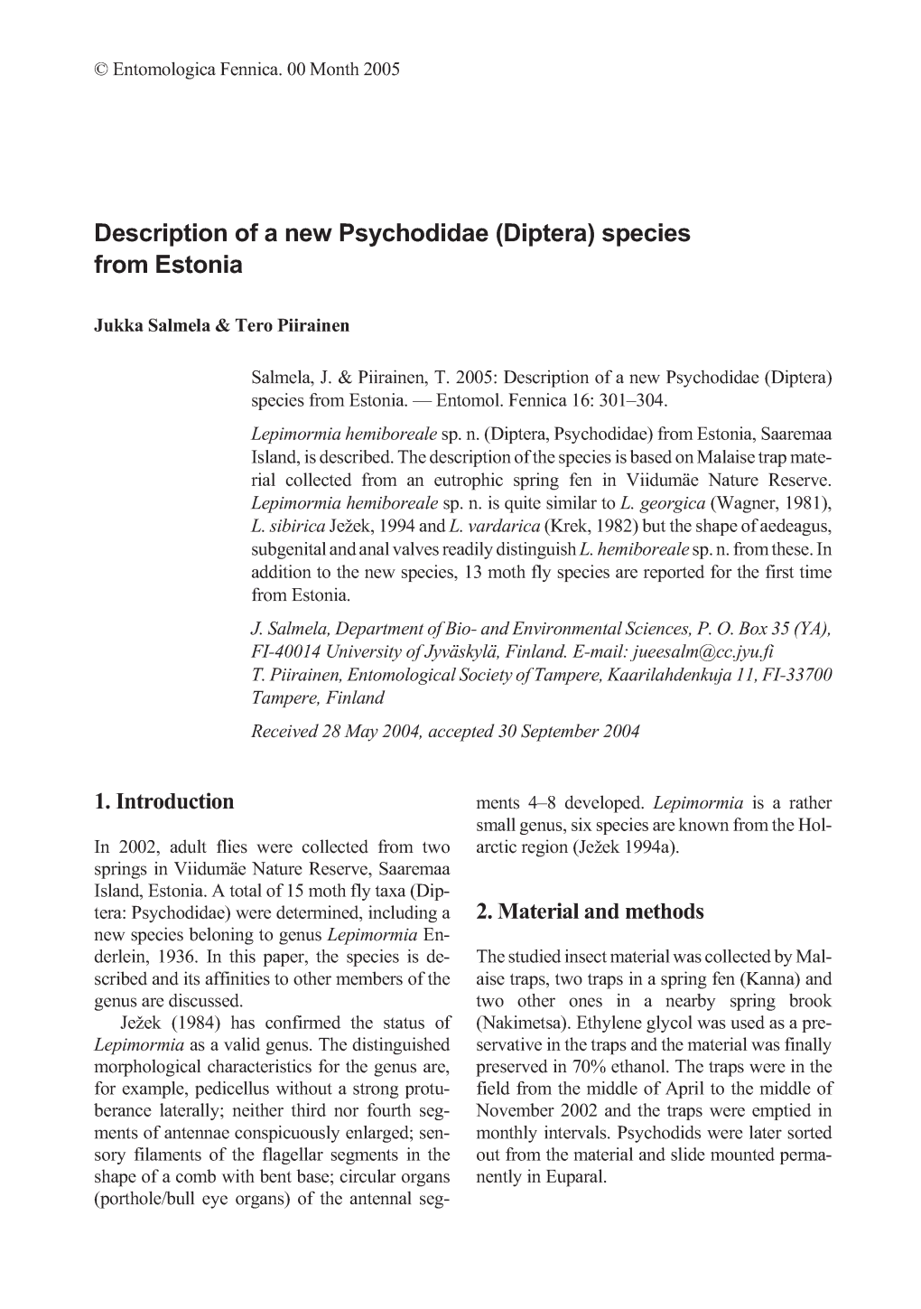 Description of a New Psychodidae (Diptera) Species from Estonia