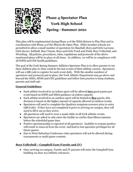 Phase 4 Spectator Plan York High School Spring - Summer 2021