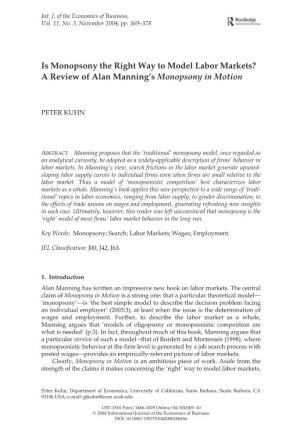 Is Monopsony the Right Way to Model Labor Markets? a Review of Alan Manning’S Monopsony in Motion