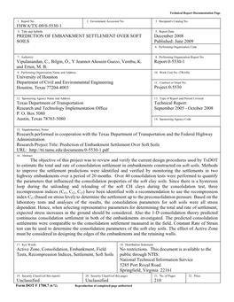 Fhwa/Tx-09/0-5530-1 Prediction of Embankment Settlement