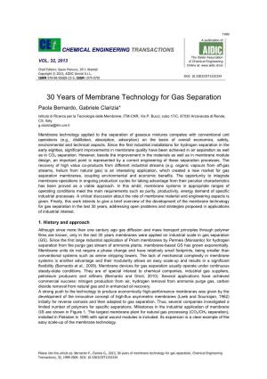 30 Years of Membrane Technology for Gas Separation Paola Bernardo, Gabriele Clarizia*