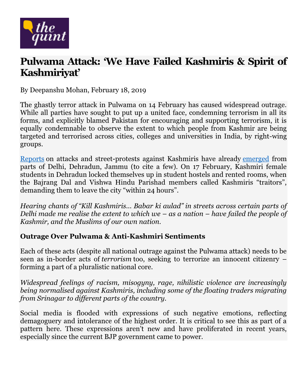 Pulwama Attack: ‘We Have Failed Kashmiris & Spirit of Kashmiriyat’