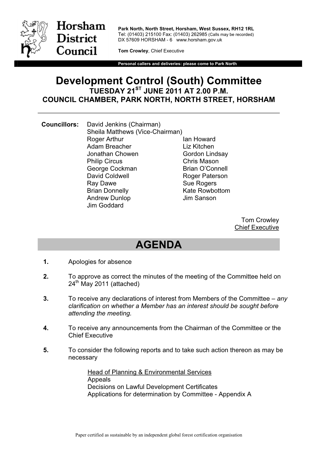 Development Control (South) Committee TUESDAY 21ST JUNE 2011 at 2.00 P.M