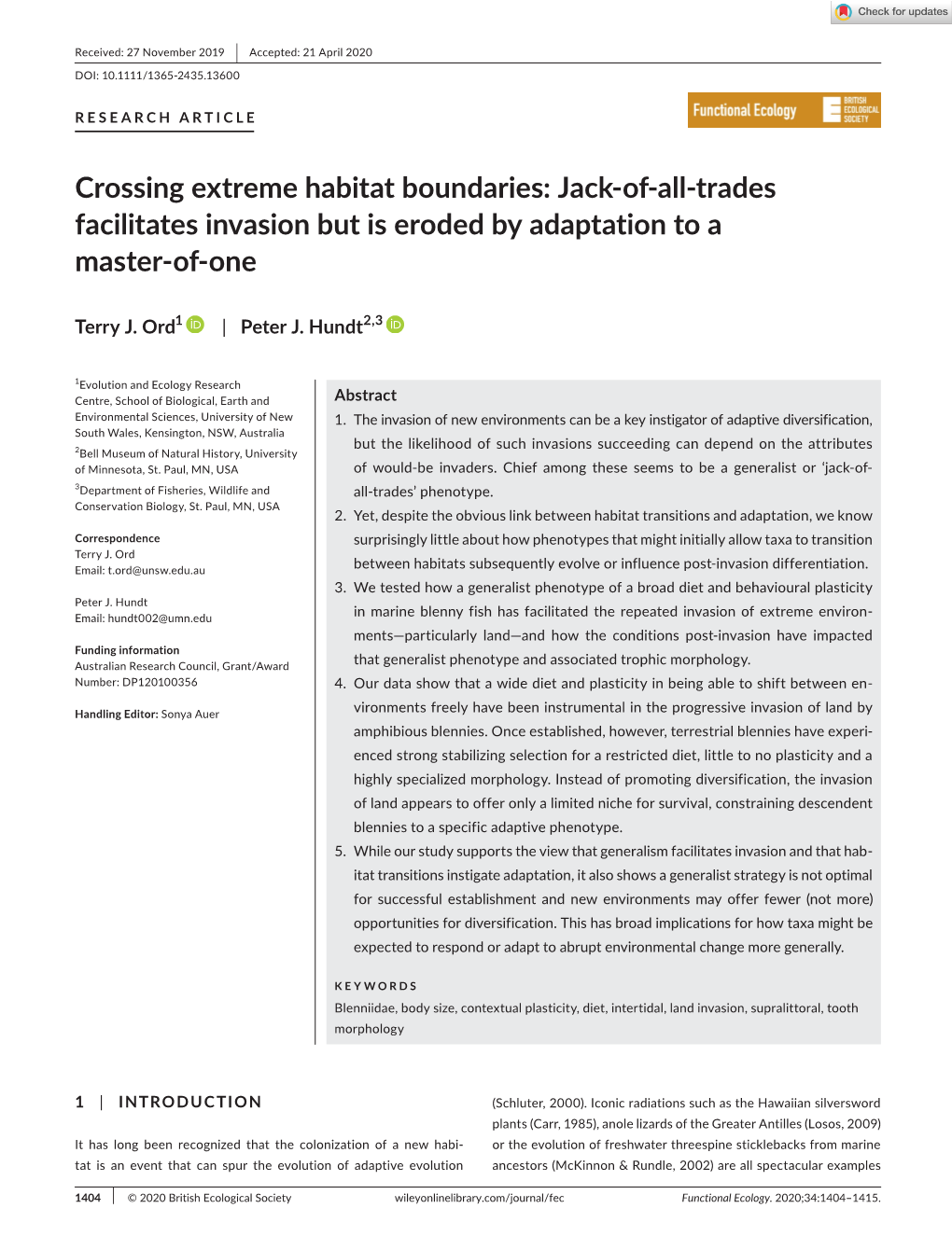 Crossing Extreme Habitat Boundaries: Jack‐Of‐All‐Trades Facilitates