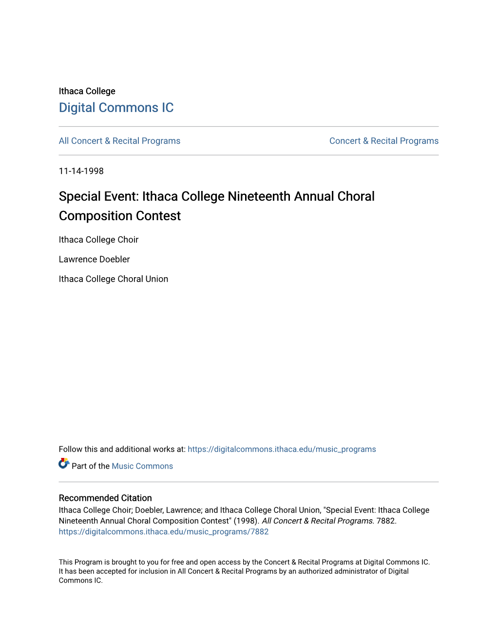 Ithaca College Nineteenth Annual Choral Composition Contest