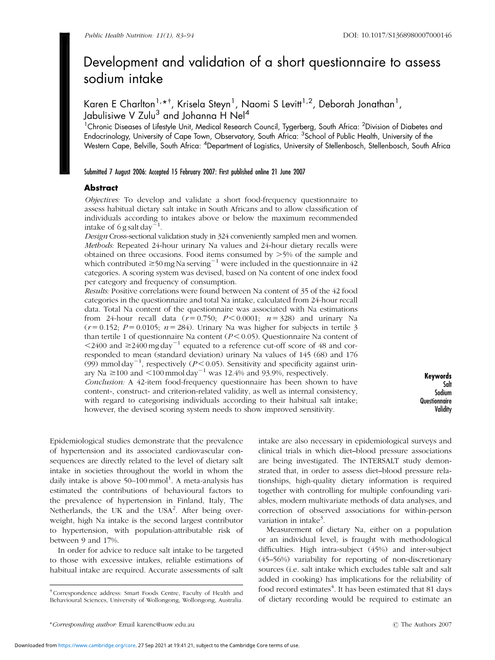 Development and Validation of a Short Questionnaire to Assess Sodium Intake