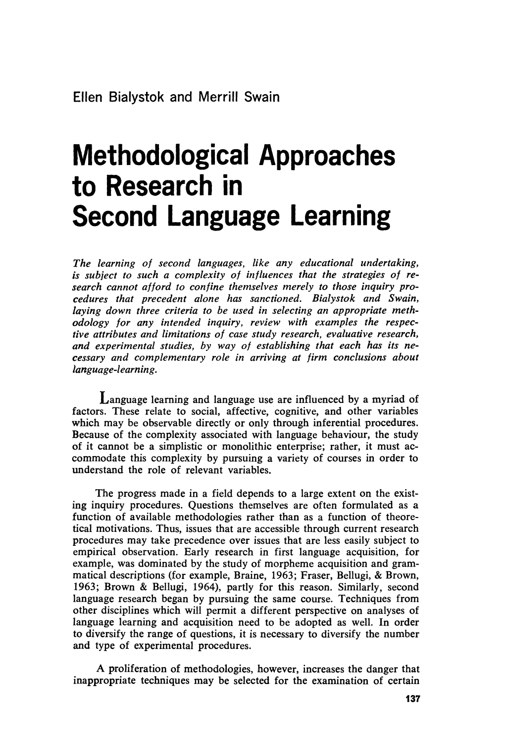 Methodological Approaches to Research in Second Language Learning