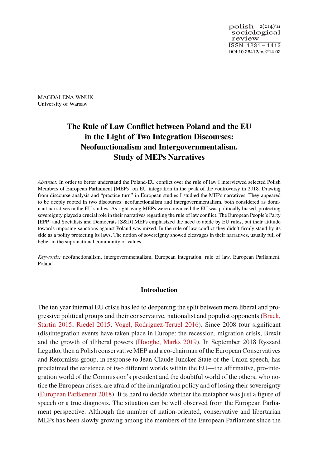The Rule of Law Conflict Between Poland and the EU in the Light of Two Integration Discourses: Neofunctionalism and Intergovernmentalism